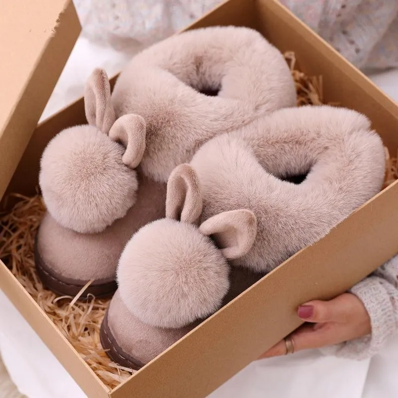 Autumn Winter Women's Cotton Cute Cartoon Rabbit Fur Plush House Slippers