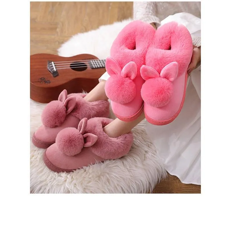 Autumn Winter Women's Cotton Cute Cartoon Rabbit Fur Plush House Slippers