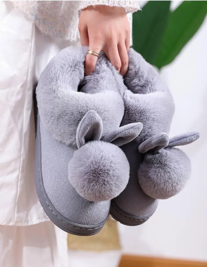Autumn Winter Women's Cotton Cute Cartoon Rabbit Fur Plush House Slippers