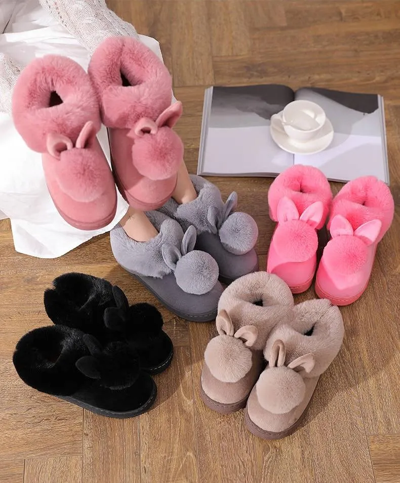 Autumn Winter Women's Cotton Cute Cartoon Rabbit Fur Plush House Slippers