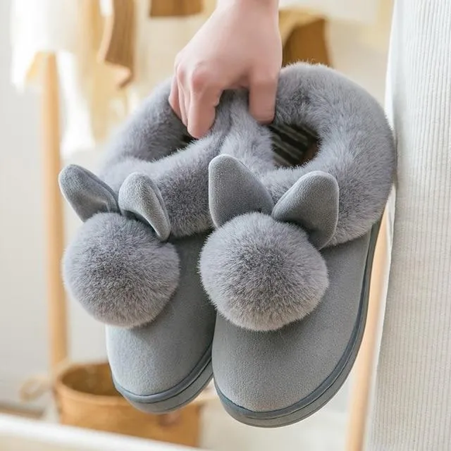 Autumn Winter Women's Cotton Cute Cartoon Rabbit Fur Plush House Slippers