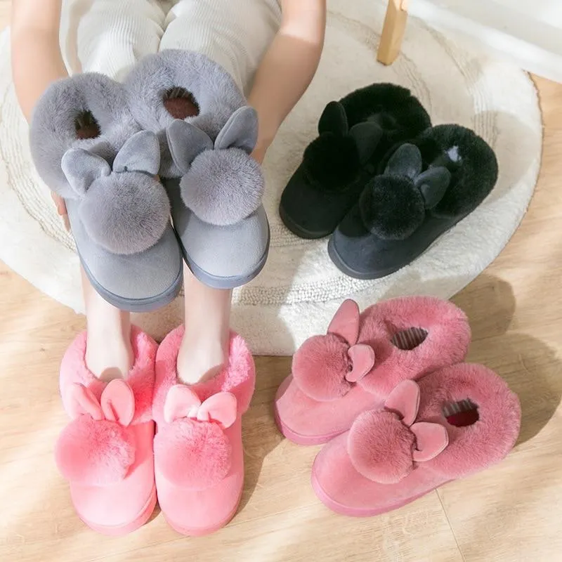 Autumn Winter Women's Cotton Cute Cartoon Rabbit Fur Plush House Slippers