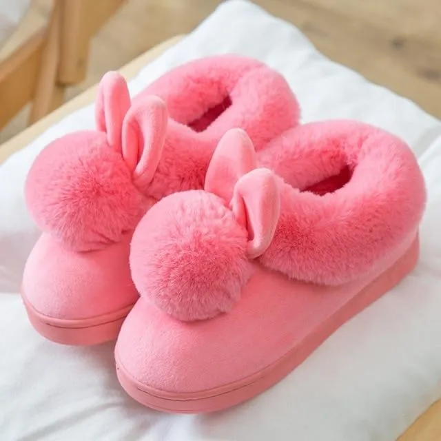 Autumn Winter Women's Cotton Cute Cartoon Rabbit Fur Plush House Slippers