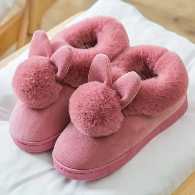 Autumn Winter Women's Cotton Cute Cartoon Rabbit Fur Plush House Slippers