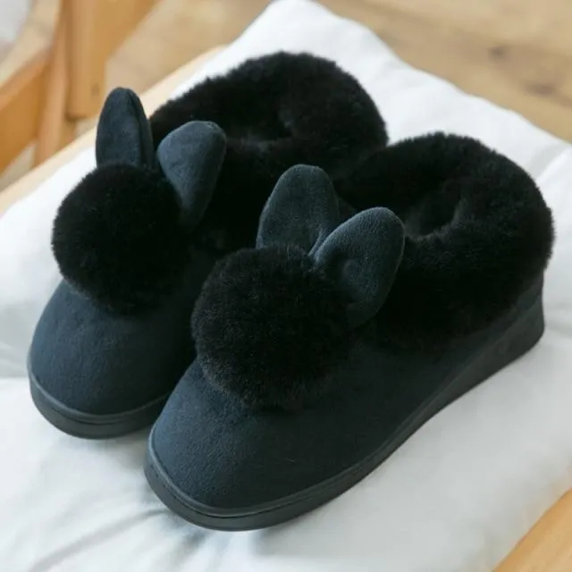 Autumn Winter Women's Cotton Cute Cartoon Rabbit Fur Plush House Slippers
