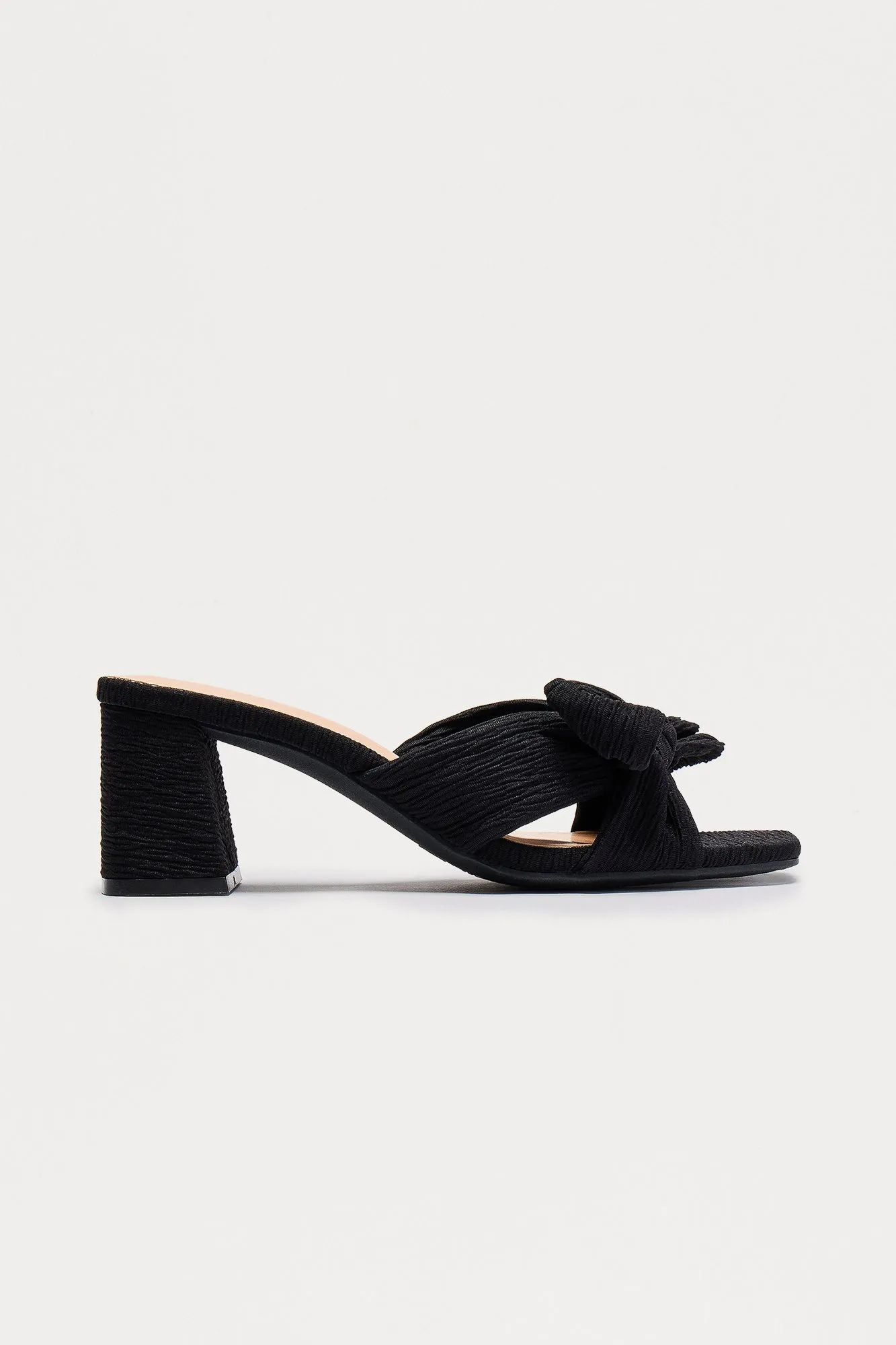 Baize Bow Block Heel Mules - Black