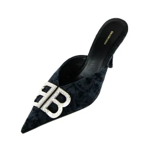 Balenciaga Black Crushed Velvet Crystal Embellished BB Knife Mules Size US 7.5 | EU 37.5