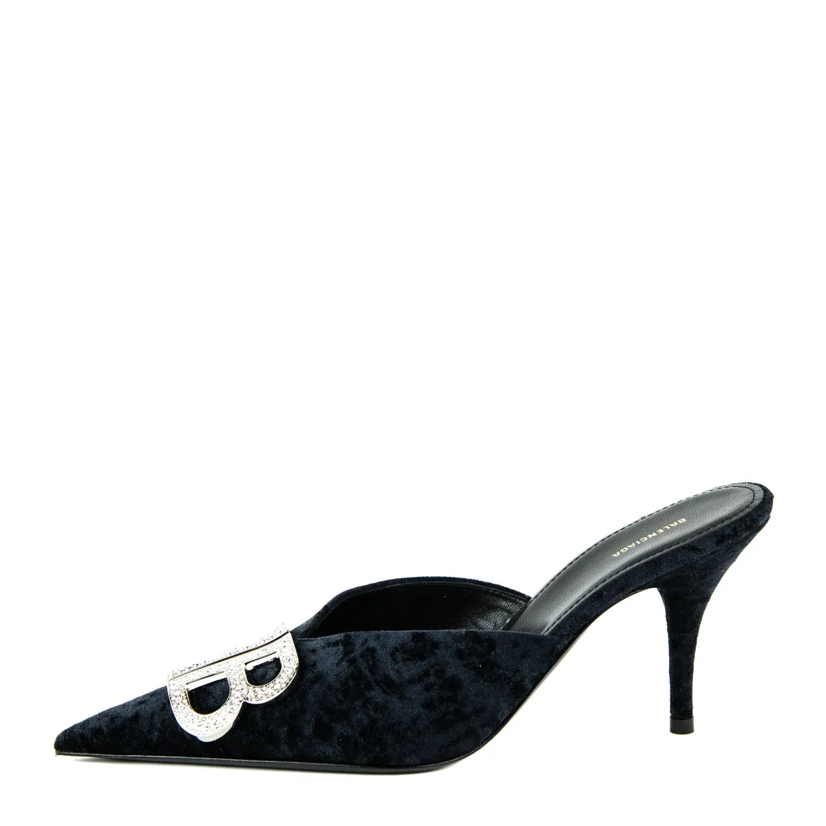 Balenciaga Black Crushed Velvet Crystal Embellished BB Knife Mules Size US 7.5 | EU 37.5