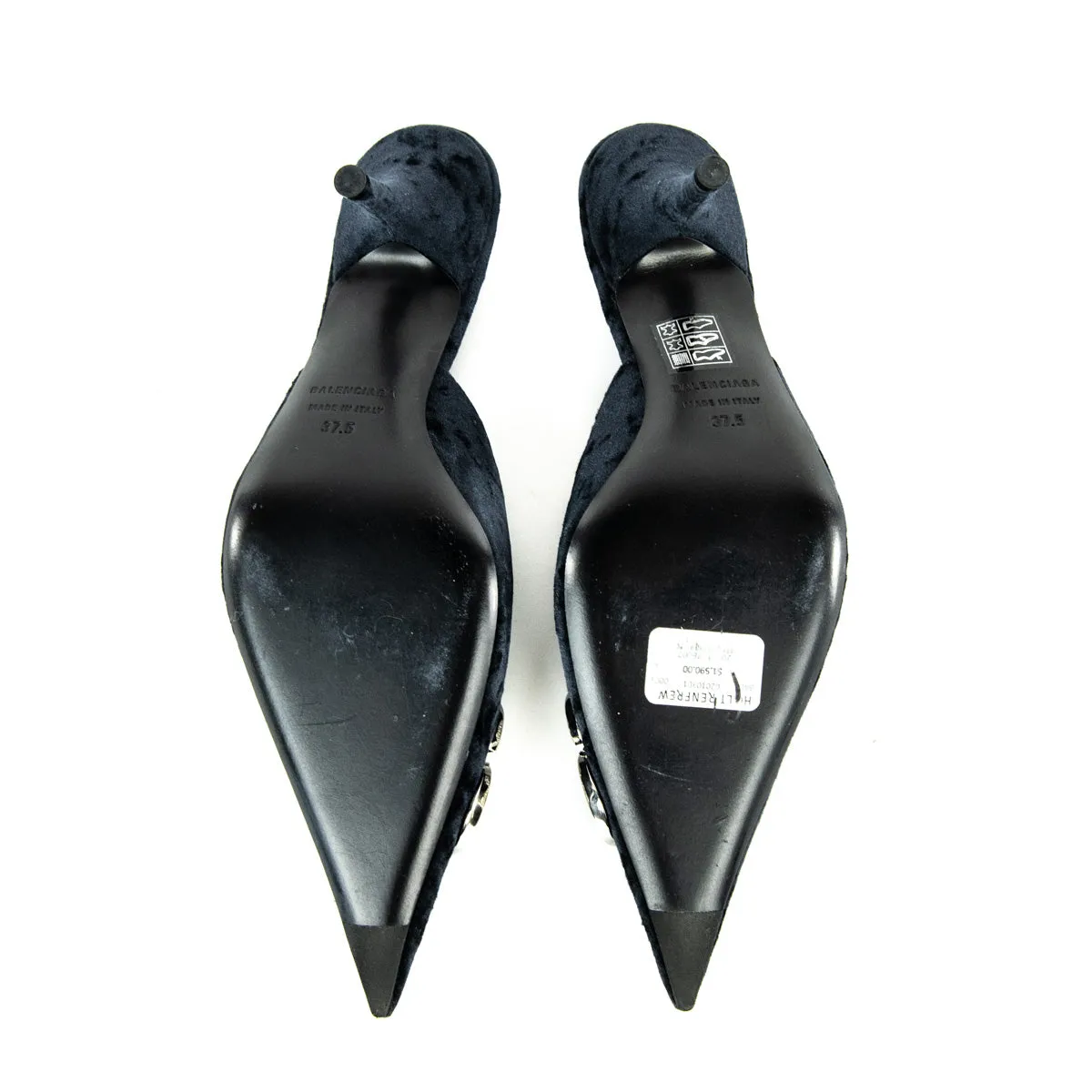 Balenciaga Black Crushed Velvet Crystal Embellished BB Knife Mules Size US 7.5 | EU 37.5