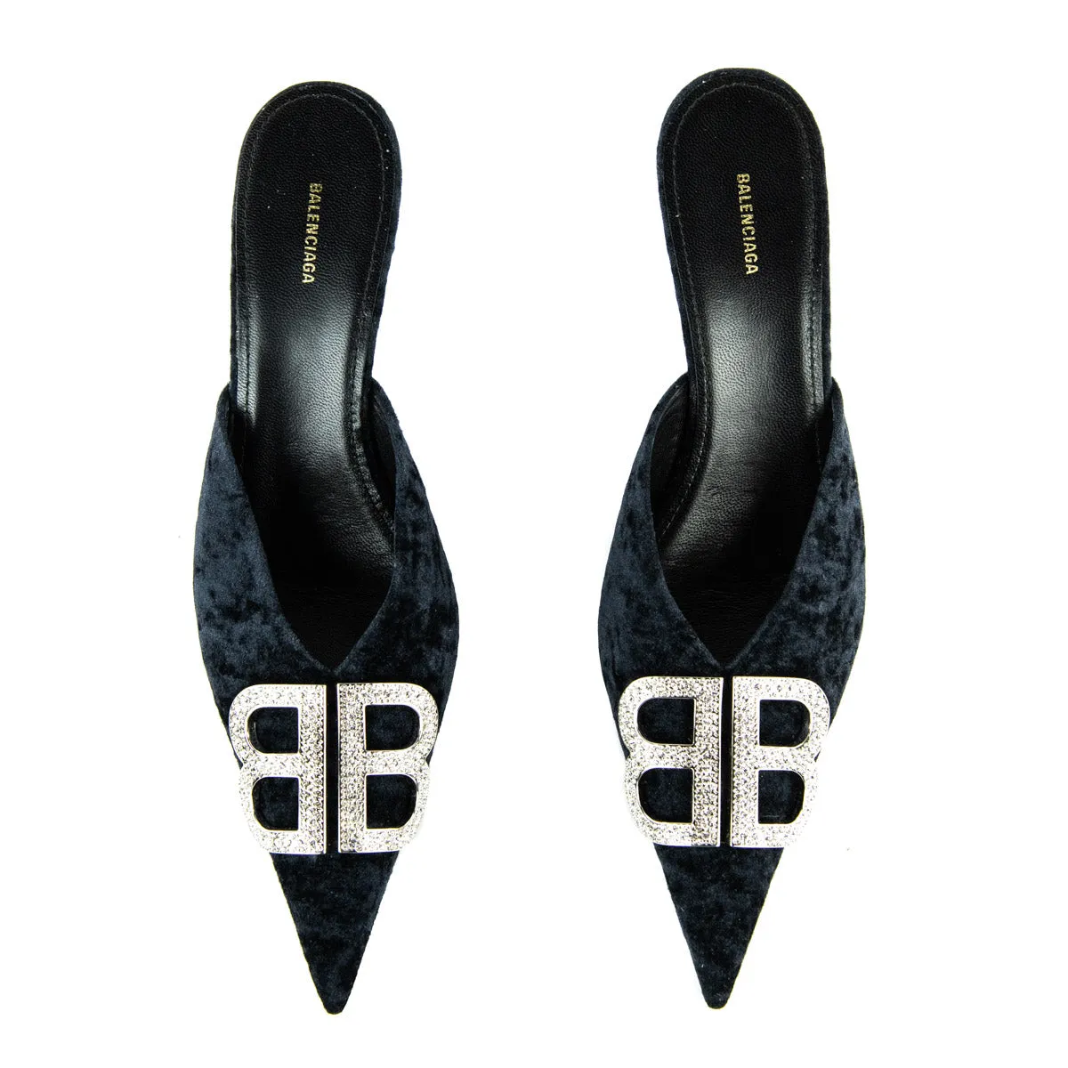 Balenciaga Black Crushed Velvet Crystal Embellished BB Knife Mules Size US 7.5 | EU 37.5