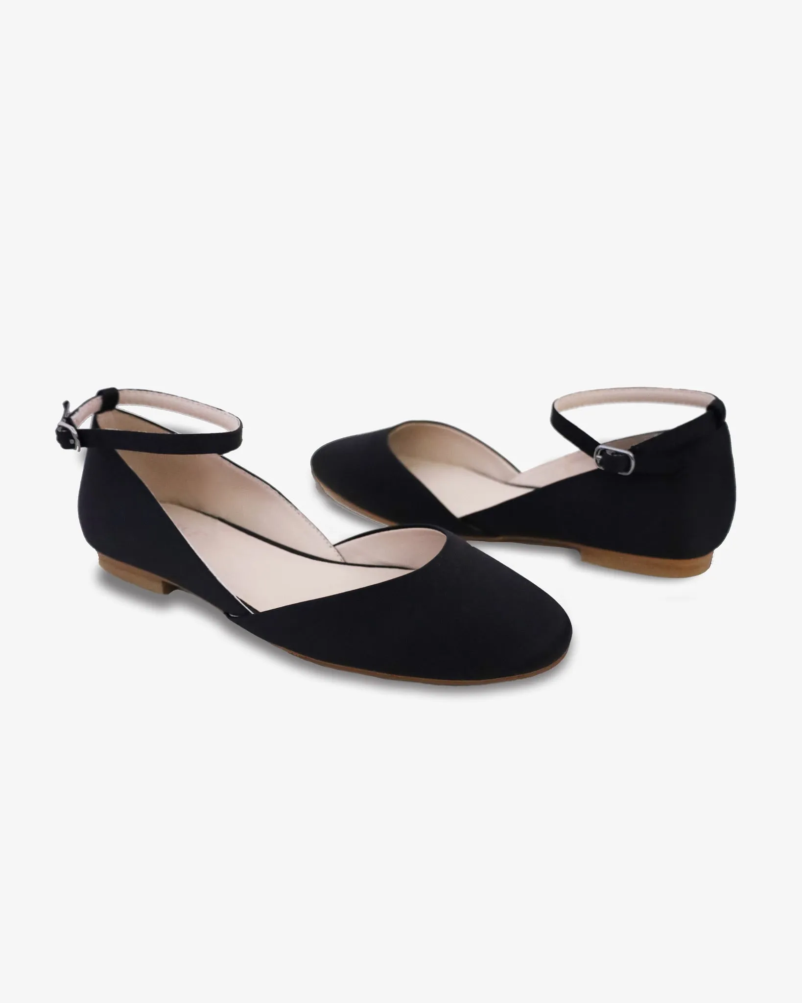 Black Satin Round Toe Evening Flat with Ankle Strap