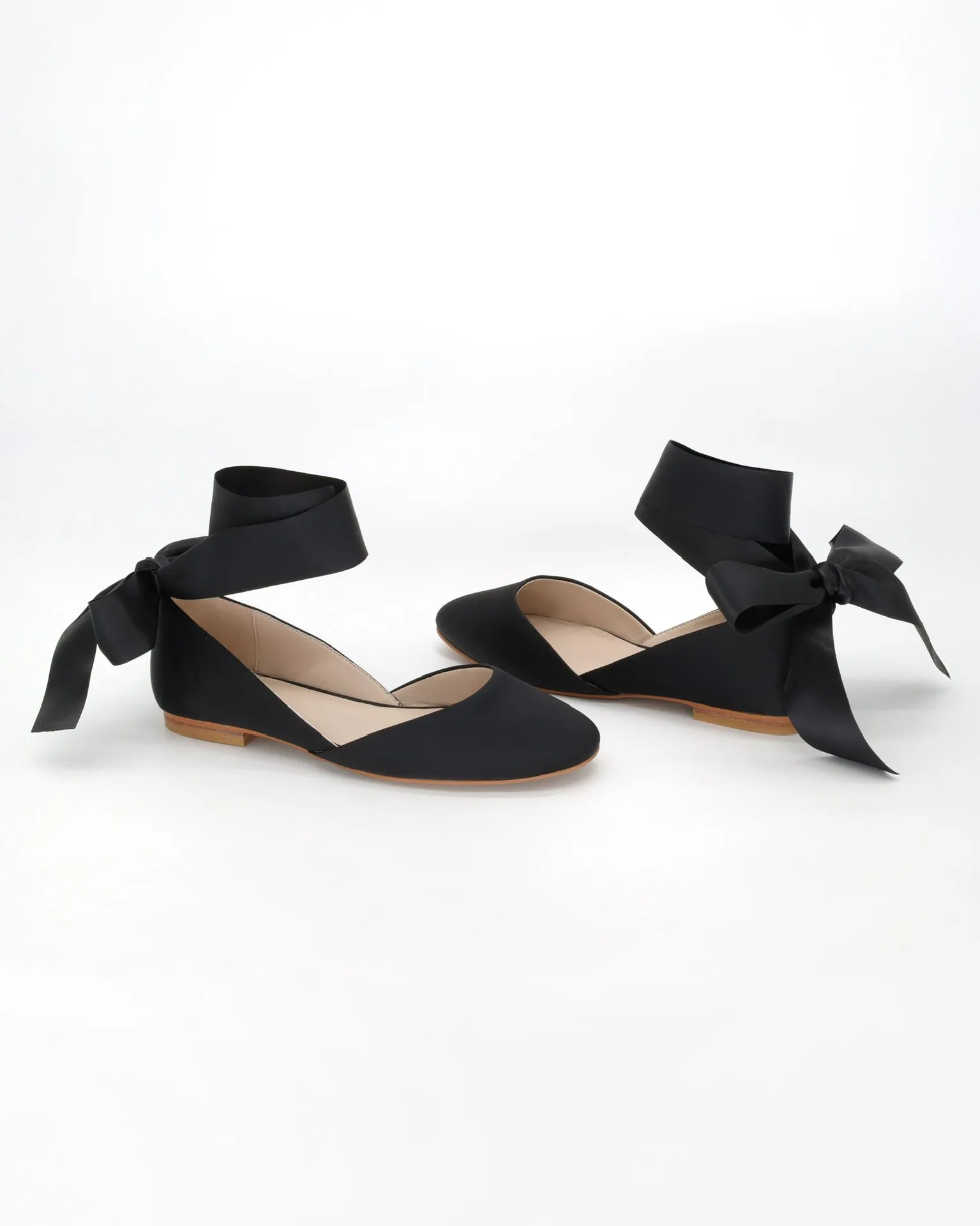 Black Satin Round Toe Evening Flat with Wrapped Ribbon Tie