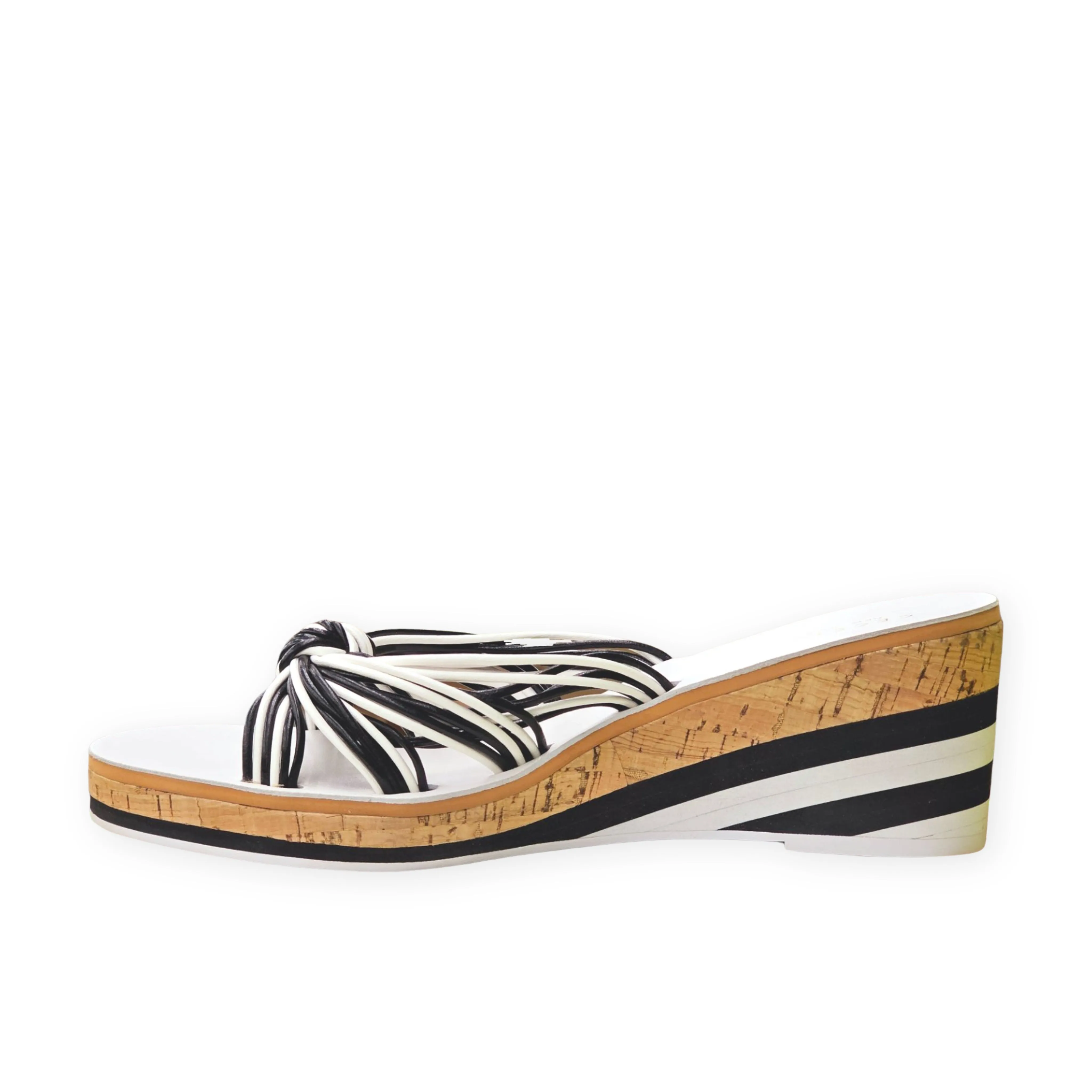 Cecelia New York Spinner Black/White Slip On Flower Strap Fashion Sandals