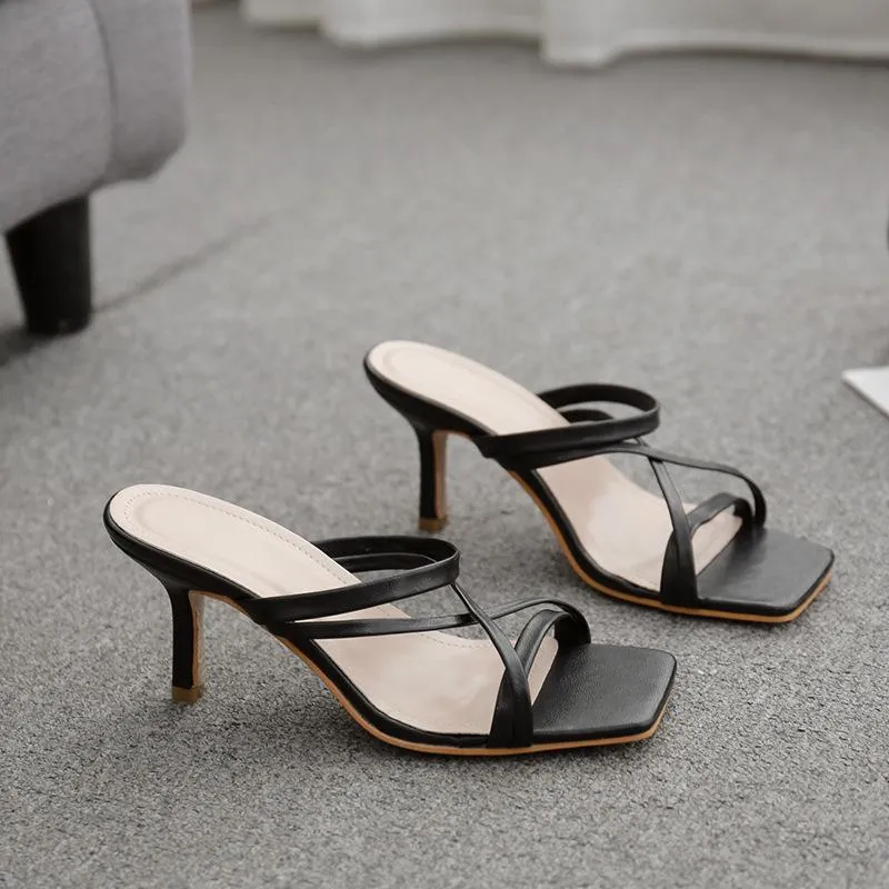 Chicvane Crisscross Straps Stilettos Square Toe Slide Sandals