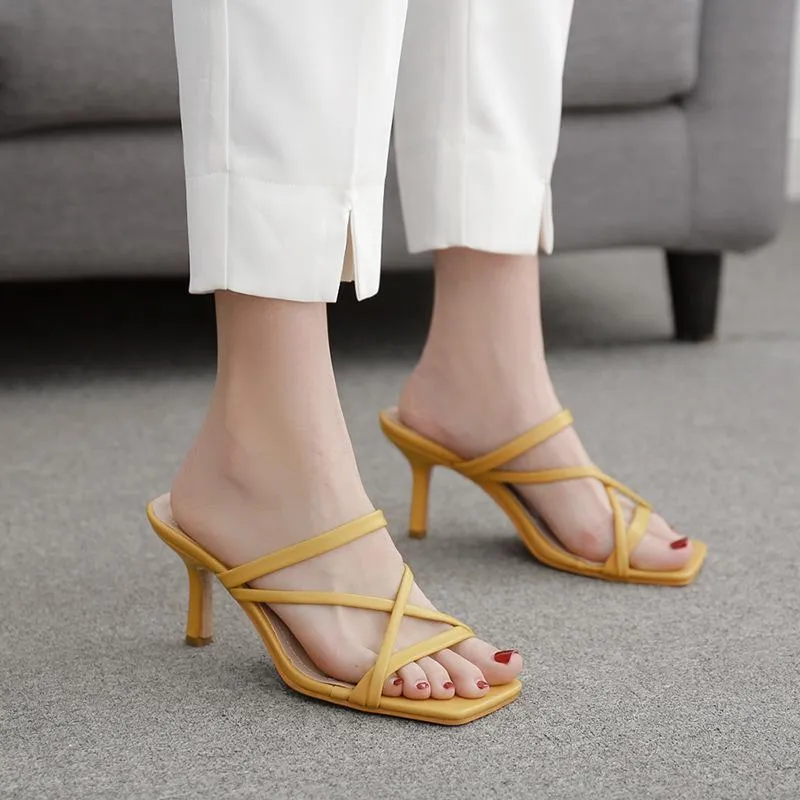 Chicvane Crisscross Straps Stilettos Square Toe Slide Sandals