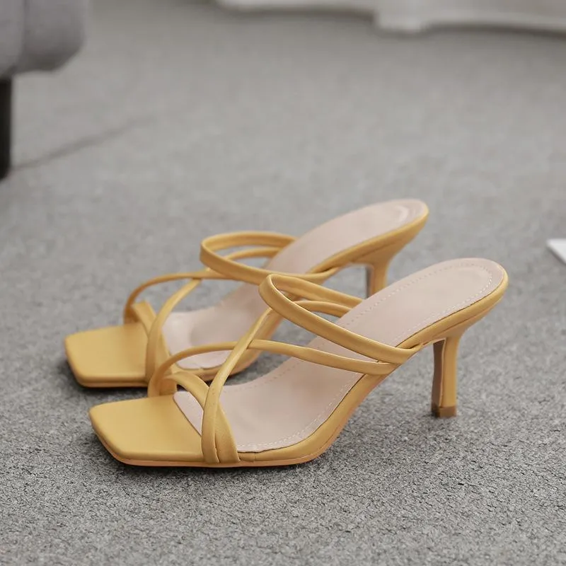Chicvane Crisscross Straps Stilettos Square Toe Slide Sandals