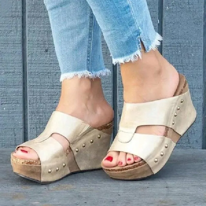 Chicvane Rivet Studded Open Toe Wedge Sandals Slippers