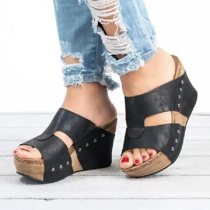 Chicvane Rivet Studded Open Toe Wedge Sandals Slippers