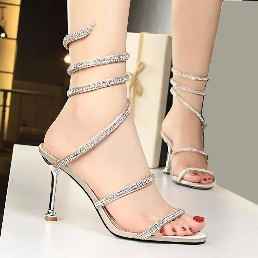 Chicvane Snake Shaped Rhinestones Open Toe Stiletto Heel Womens Party Shoes