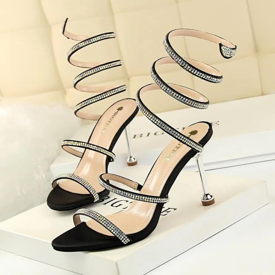Chicvane Snake Shaped Rhinestones Open Toe Stiletto Heel Womens Party Shoes