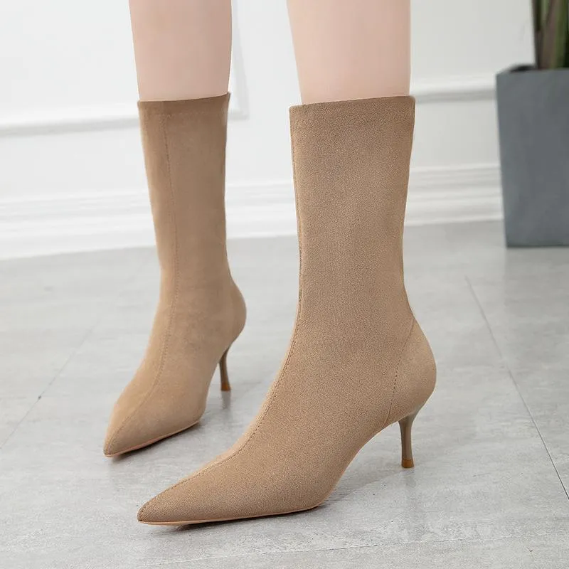 Chicvane Womens Pointed Toe Kitten Heel Suede Mid Calf Boots