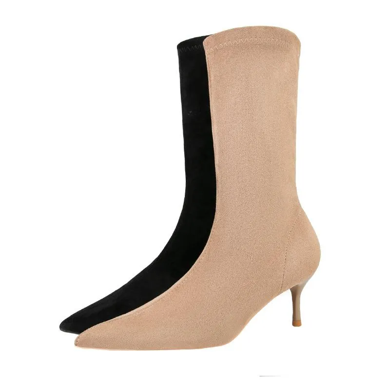 Chicvane Womens Pointed Toe Kitten Heel Suede Mid Calf Boots