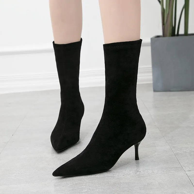 Chicvane Womens Pointed Toe Kitten Heel Suede Mid Calf Boots