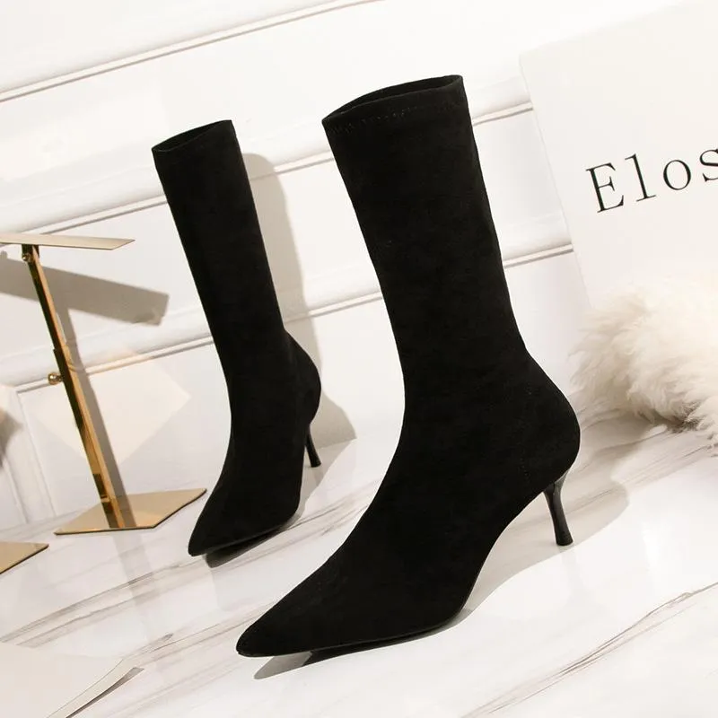 Chicvane Womens Pointed Toe Kitten Heel Suede Mid Calf Boots
