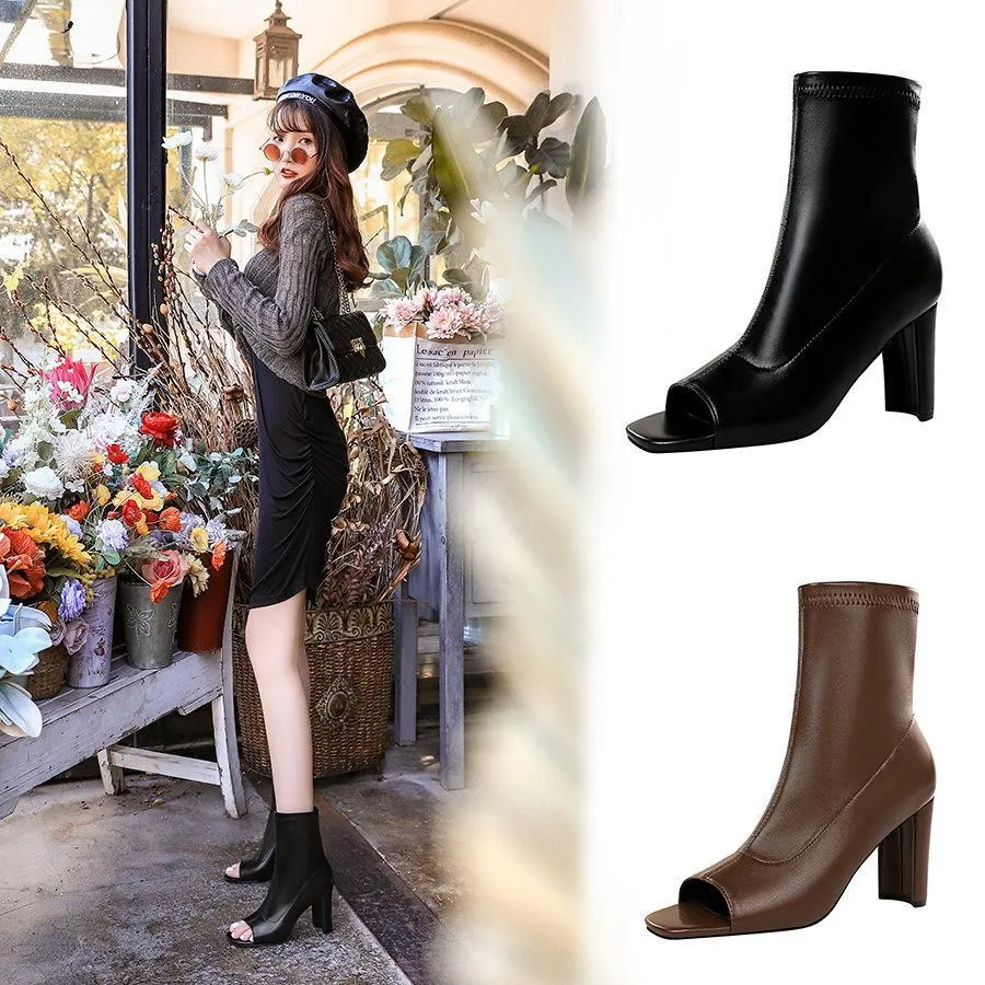 Chicvane Womens Square Peep Toe Square Heel Mid Calf Boots