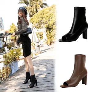 Chicvane Womens Square Peep Toe Square Heel Mid Calf Boots
