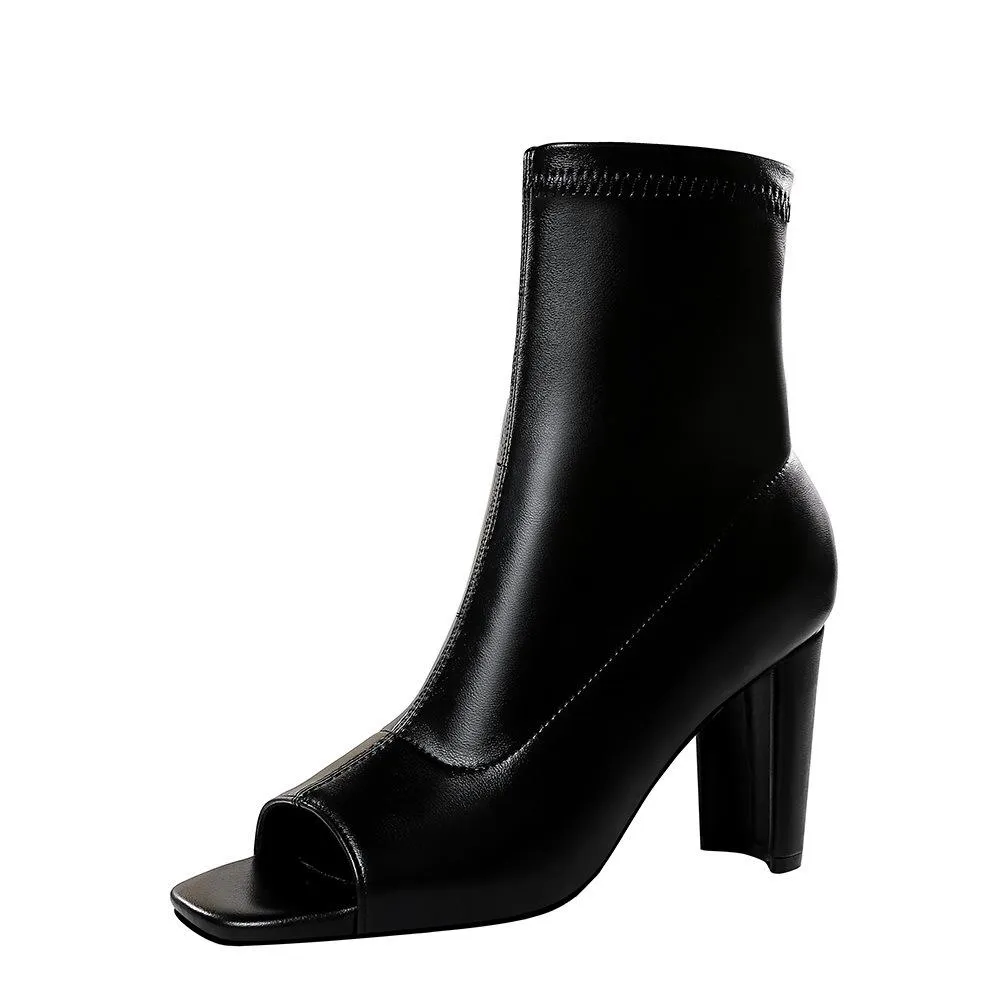 Chicvane Womens Square Peep Toe Square Heel Mid Calf Boots