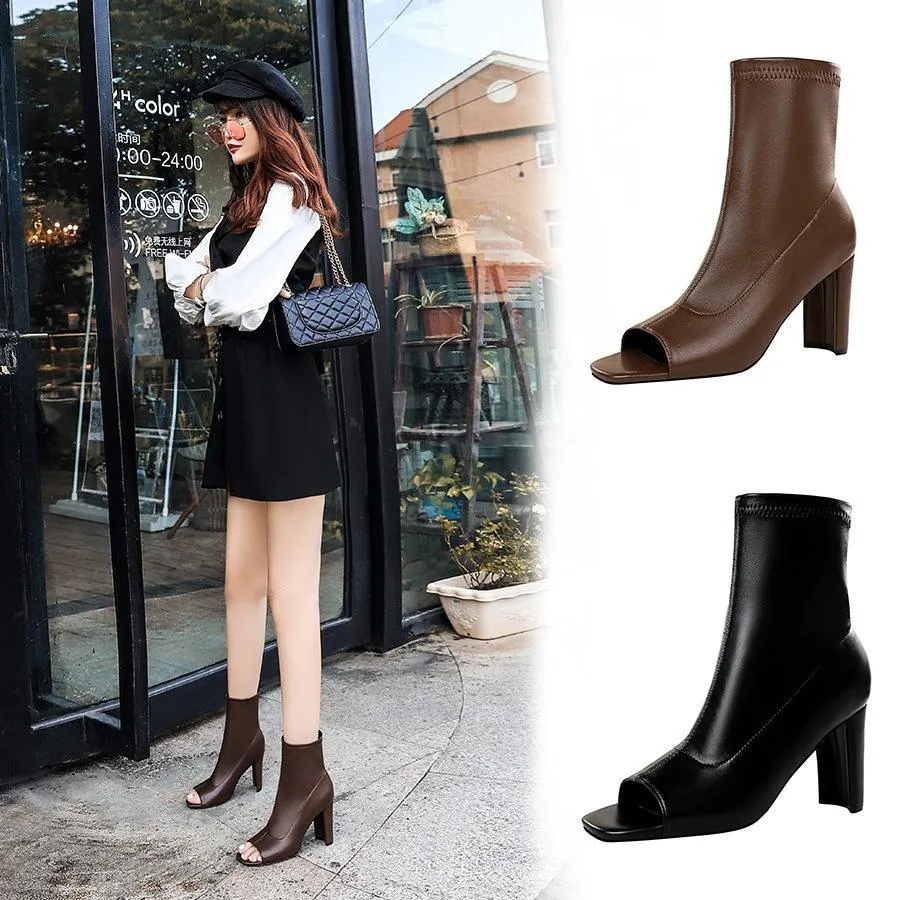 Chicvane Womens Square Peep Toe Square Heel Mid Calf Boots