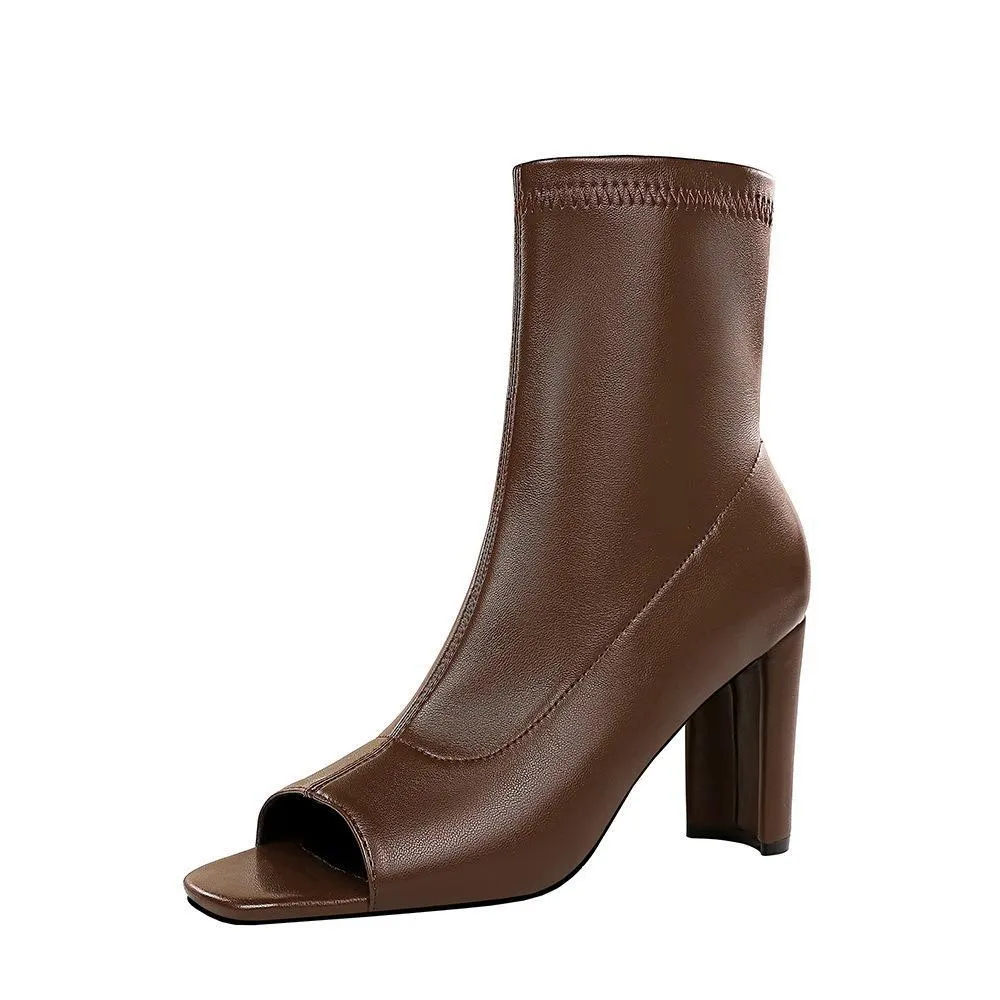Chicvane Womens Square Peep Toe Square Heel Mid Calf Boots