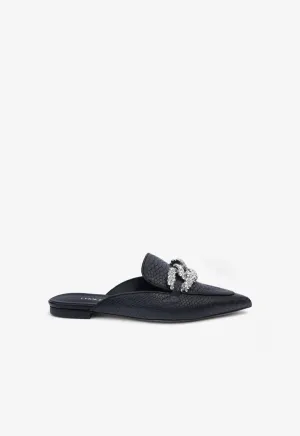 Choice Embellished Snake Textured Leather Mules Black