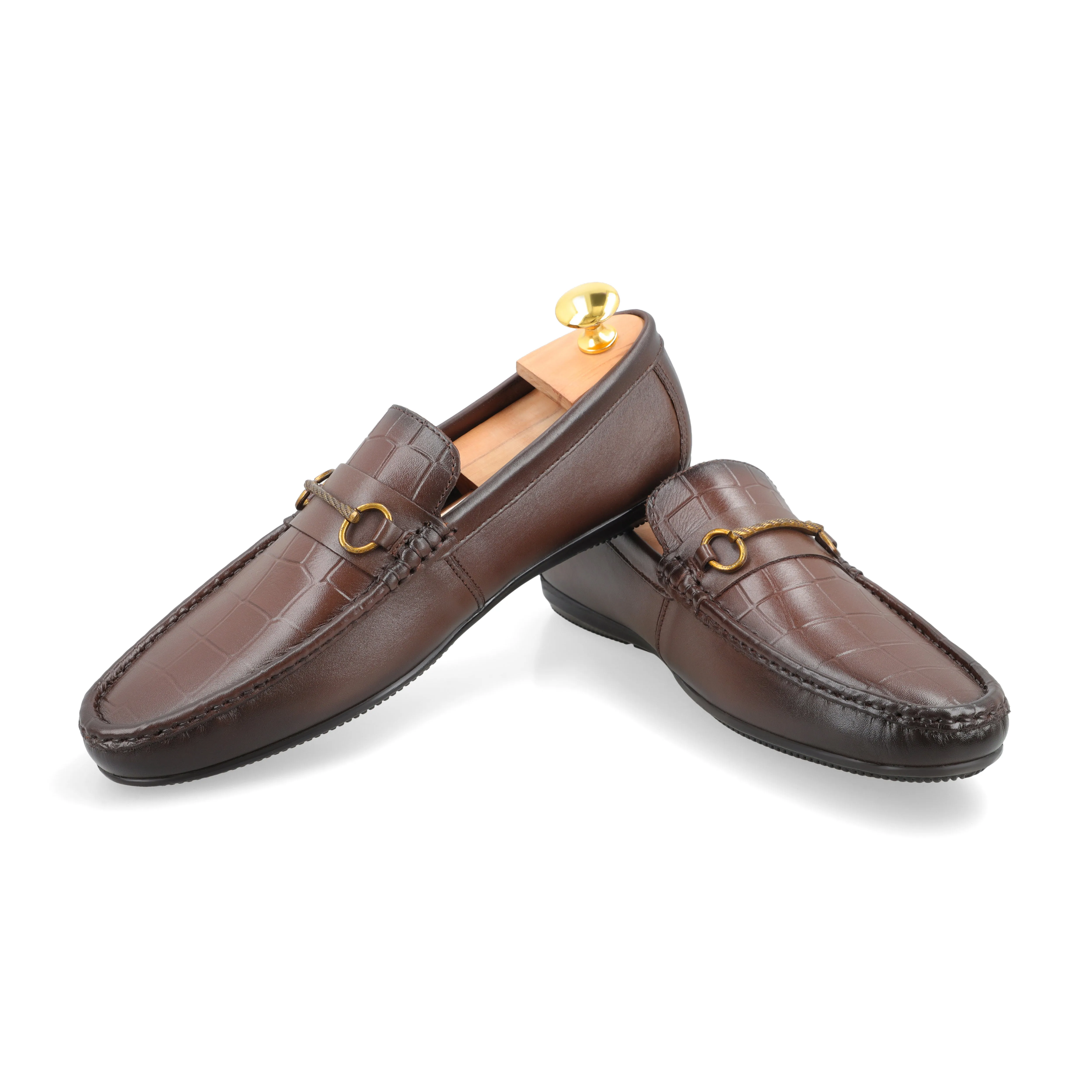 Crocodile Emboossed Buckled Moccasin - Brown