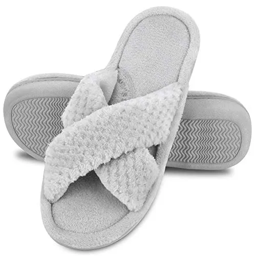 DL Women's Open Toe Cross Band Slippers, Memory Foam Slip on Home Slippers for Women with Indoor Outdoor Arch Support Rubber Sole, Gray, 9-10