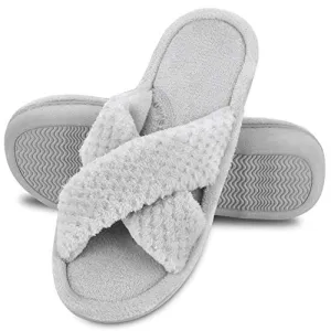 DL Women's Open Toe Cross Band Slippers, Memory Foam Slip on Home Slippers for Women with Indoor Outdoor Arch Support Rubber Sole, Gray, 9-10