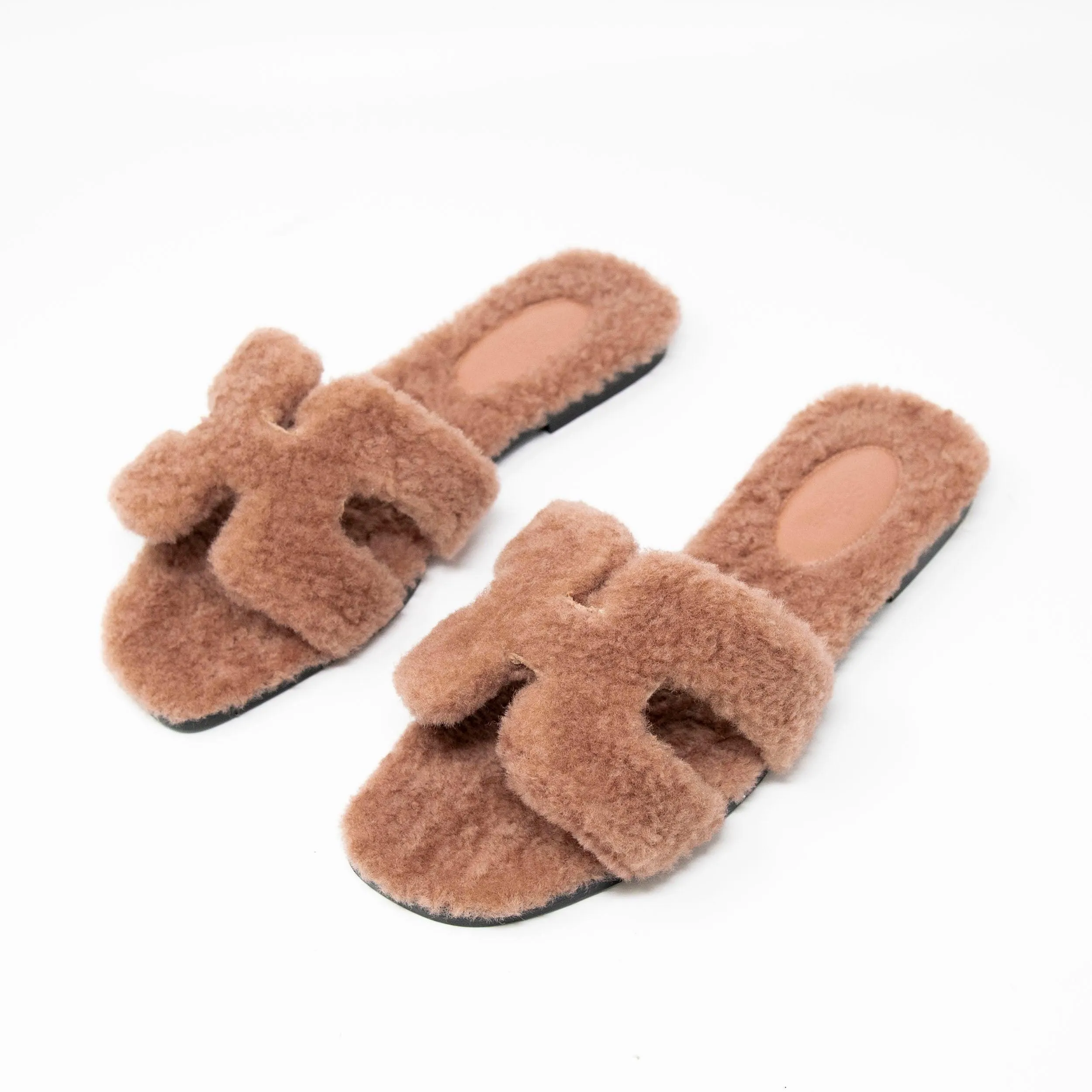 Hermes Rose Aube Shearling Oran Sandals 37