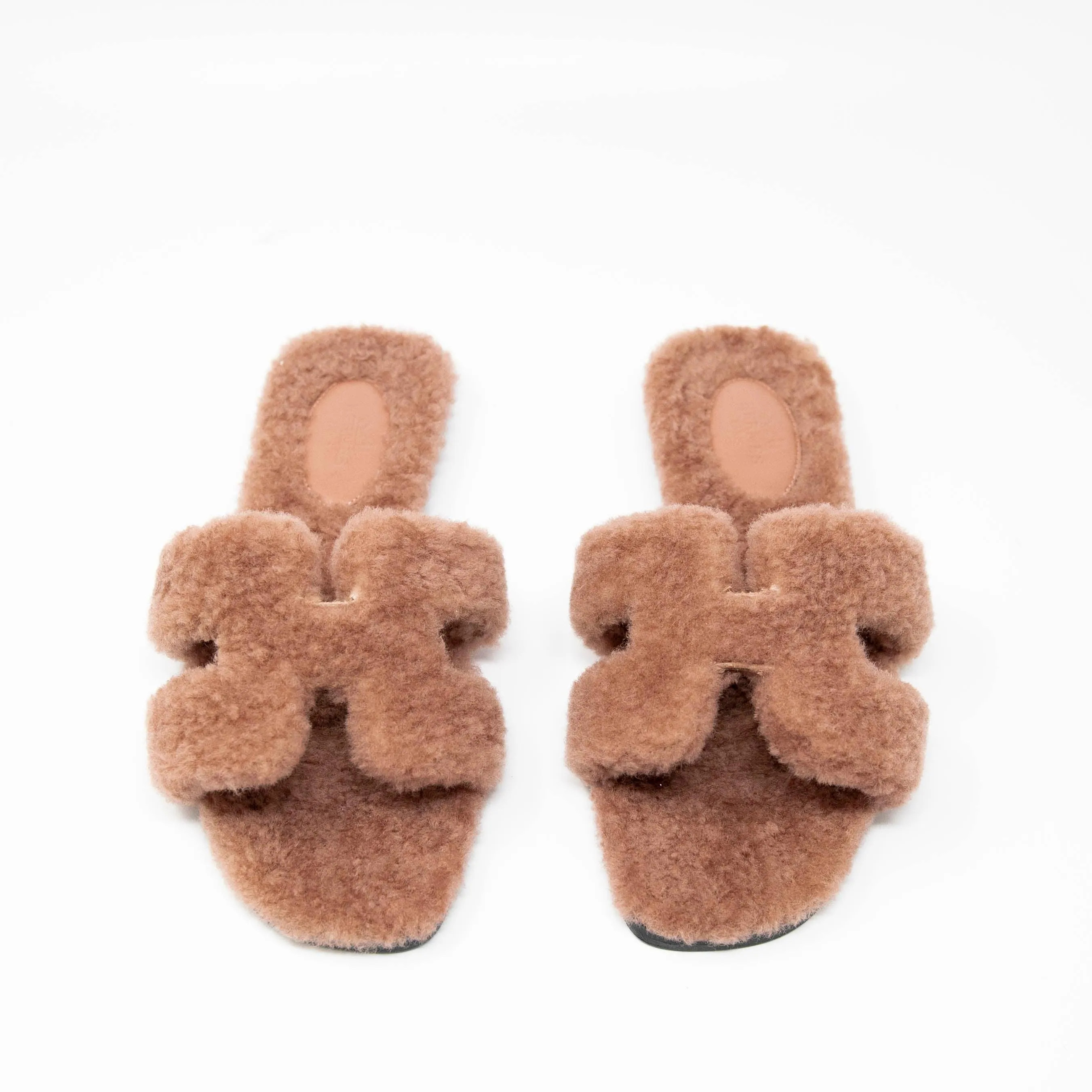 Hermes Rose Aube Shearling Oran Sandals 37