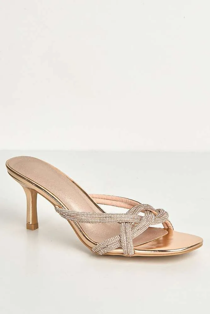 Lora Diamante Embellished Heeled Mules in Rose Gold