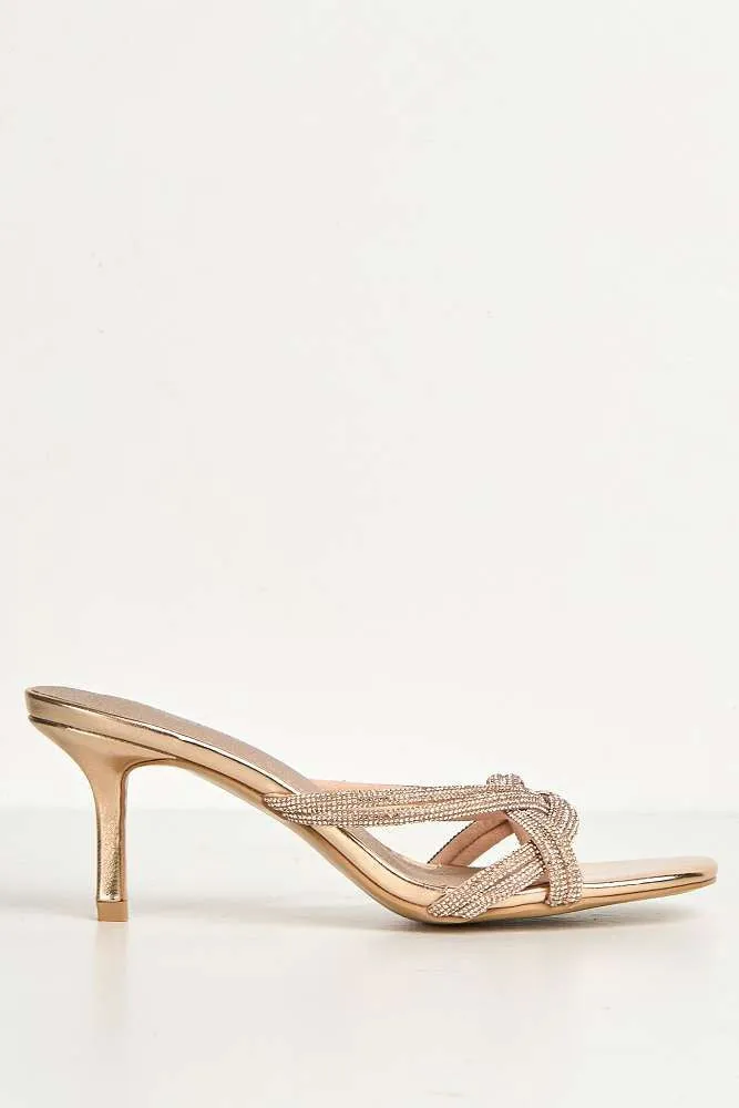 Lora Diamante Embellished Heeled Mules in Rose Gold