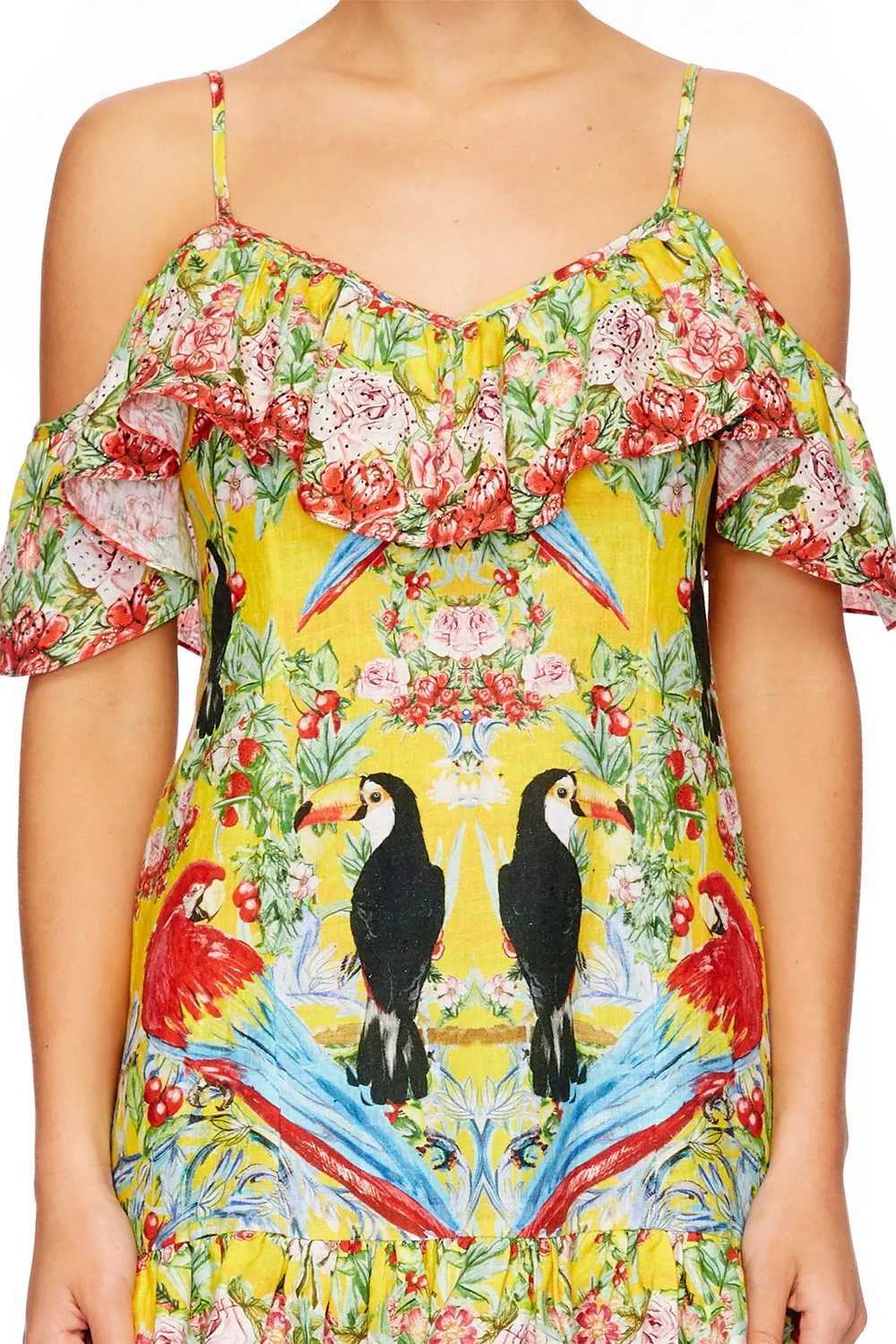 LOW V BACK DRESS WITH FRILL LOVE BIRD