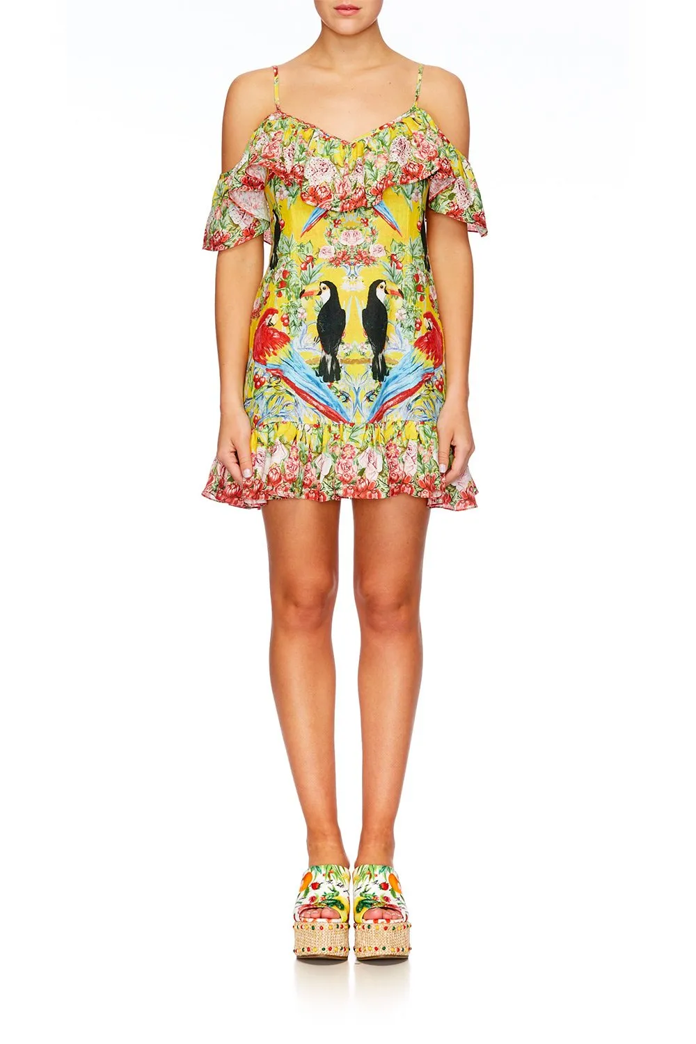 LOW V BACK DRESS WITH FRILL LOVE BIRD