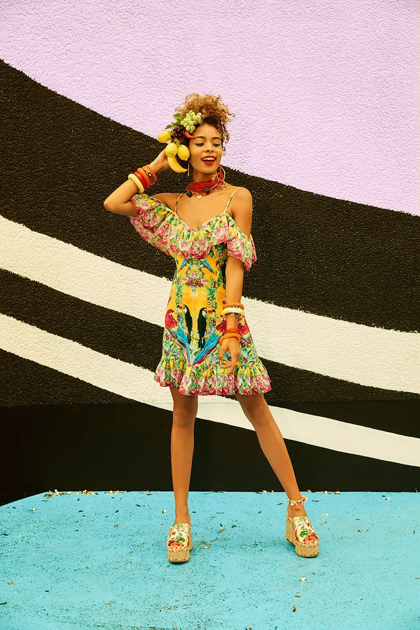 LOW V BACK DRESS WITH FRILL LOVE BIRD
