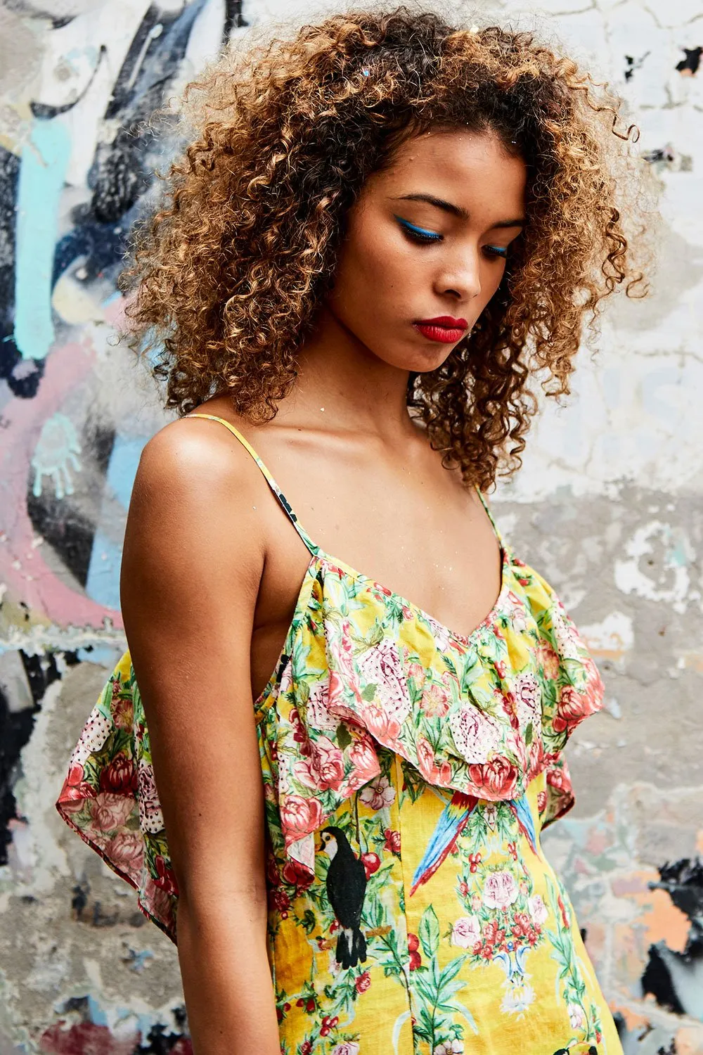 LOW V BACK DRESS WITH FRILL LOVE BIRD