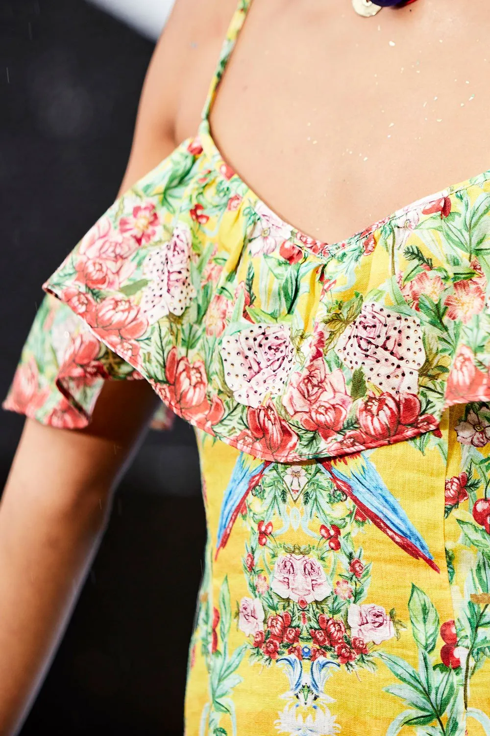 LOW V BACK DRESS WITH FRILL LOVE BIRD