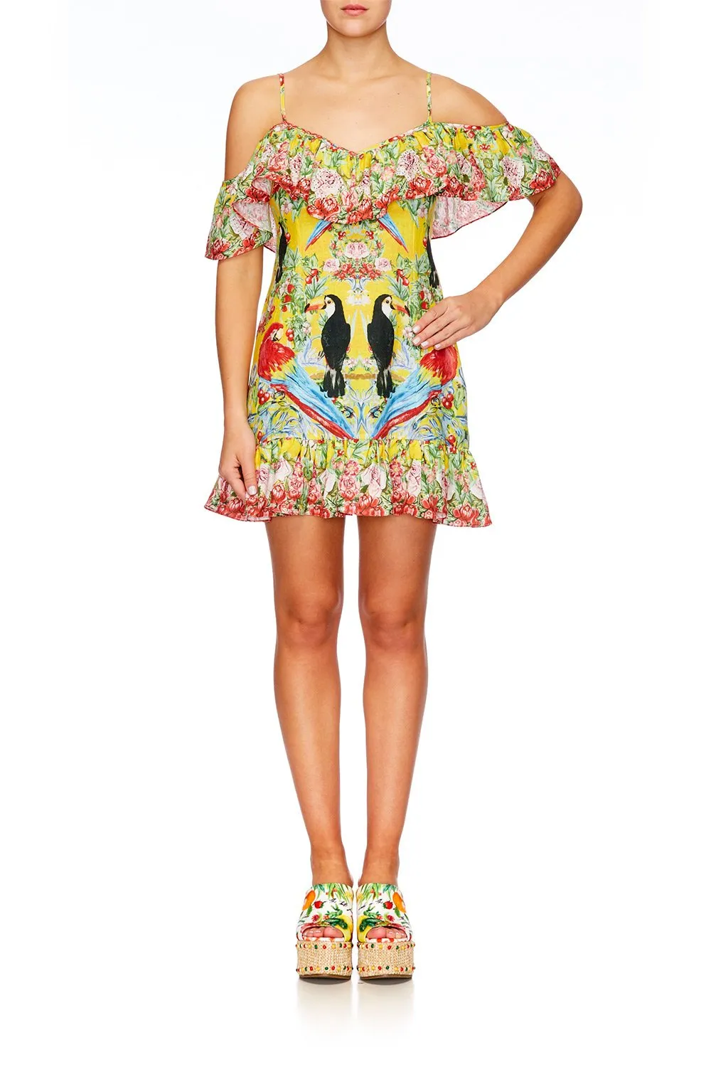 LOW V BACK DRESS WITH FRILL LOVE BIRD