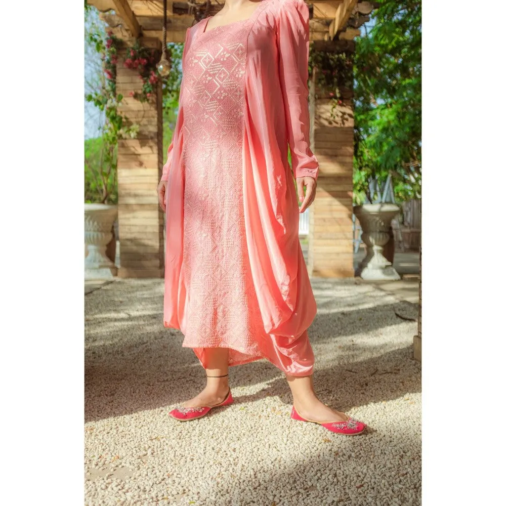 MONK & MEI Fatima Chikankari Cowl Maxi Dress Peach Melon