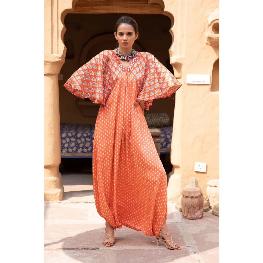 MONK & MEI Fiza Dhoti Kaftan-Handblock Printed Modal Satin-Orange