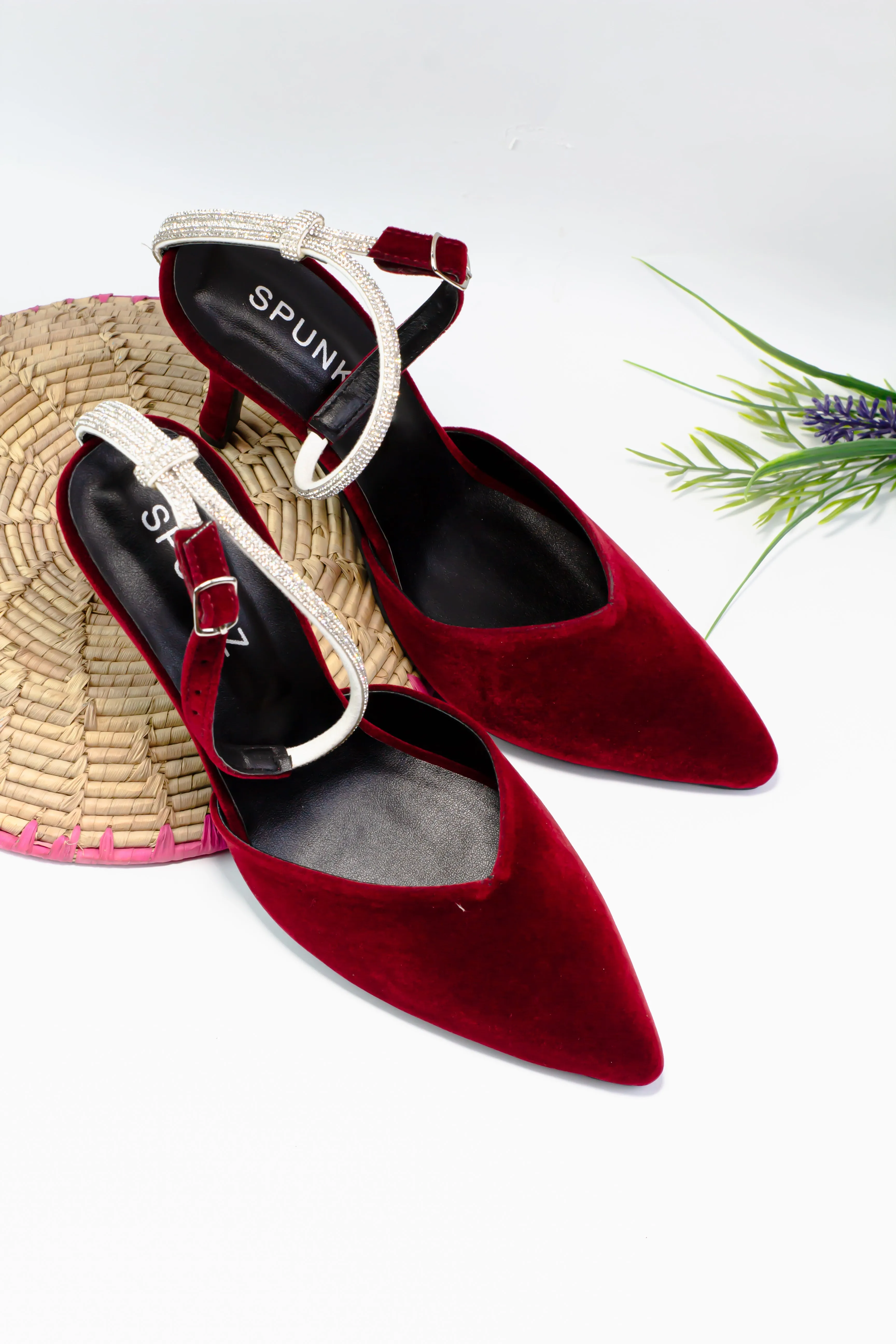 Nova Pointed Toe Rhinestone Mesh Ankle Strap Mules